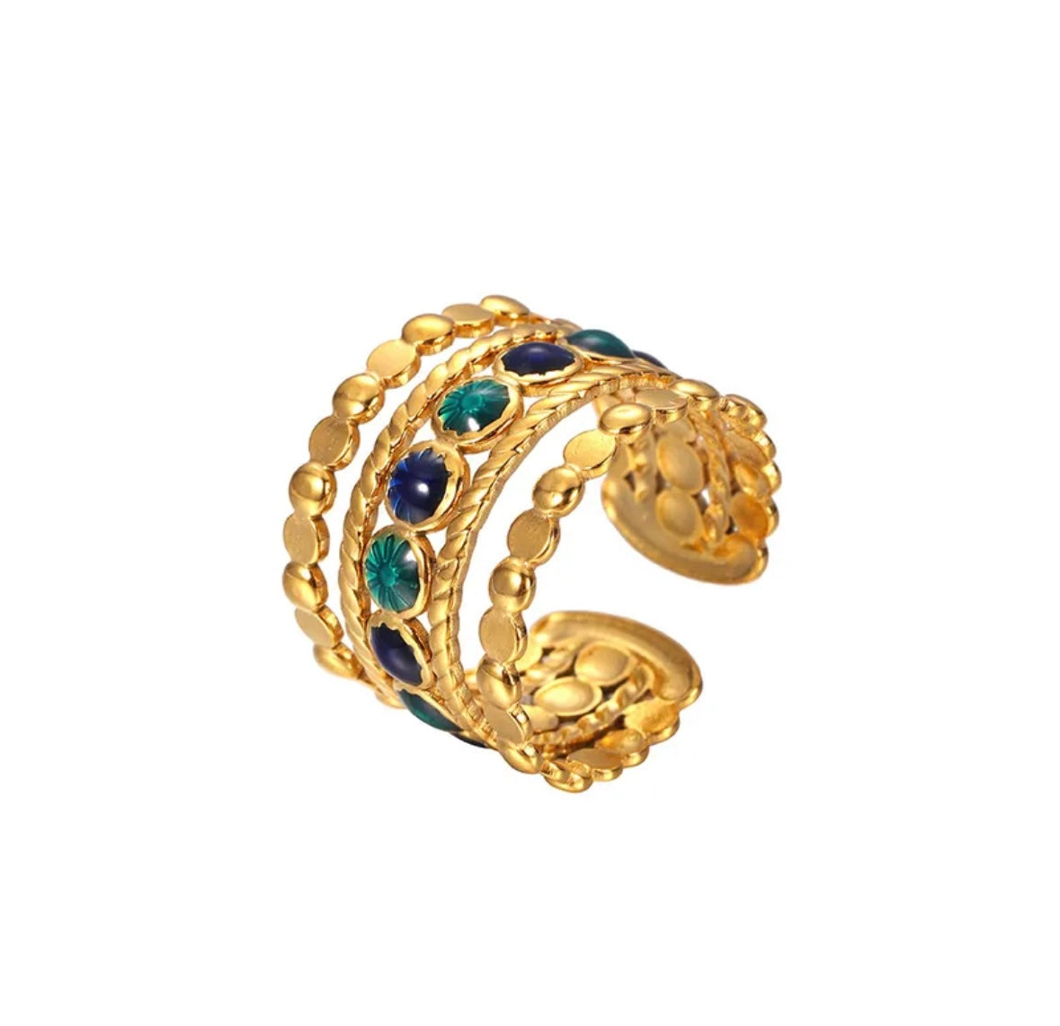 Broad Blue Green Beads Adjustable Ring