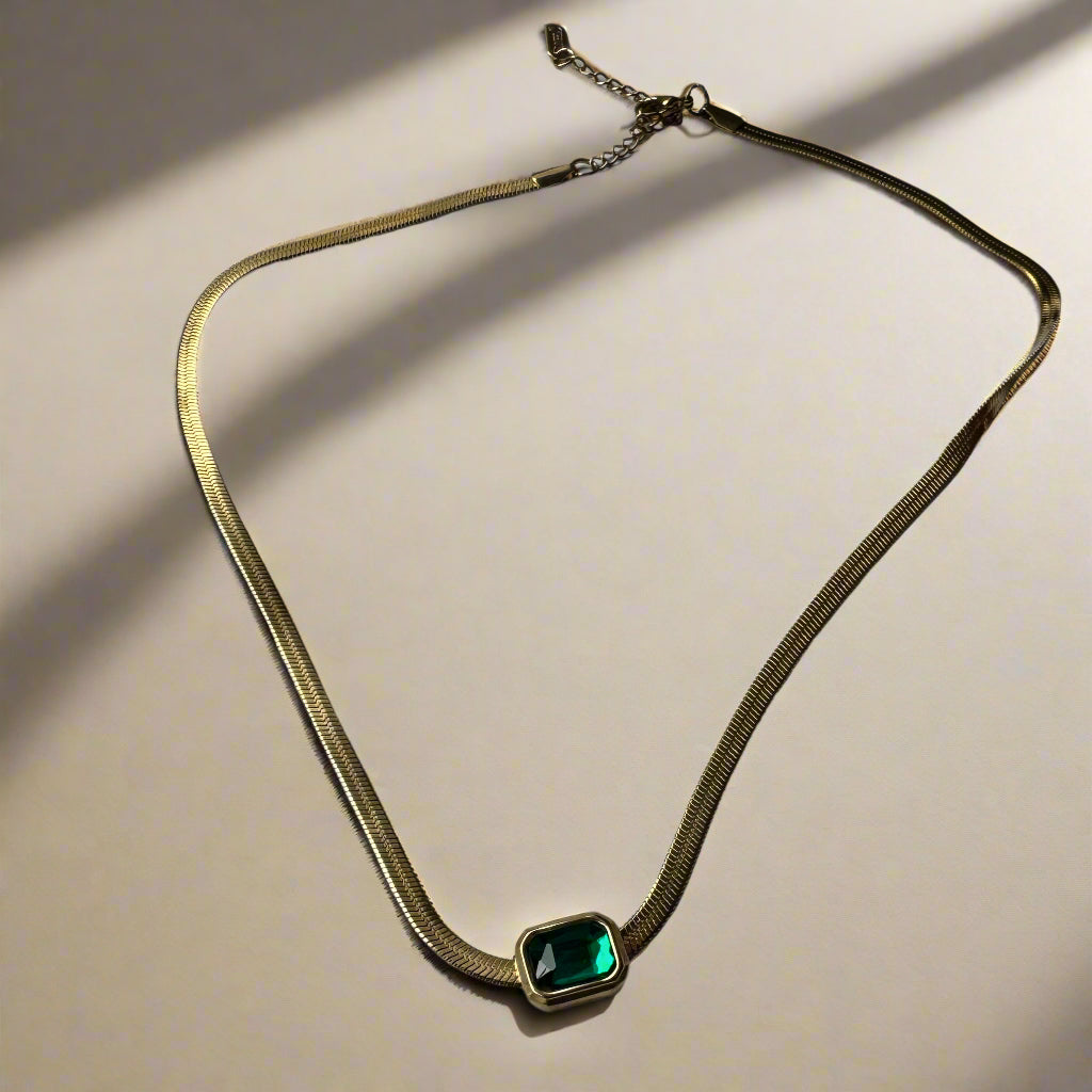 Emerald Stud Gold Snake Chain Necklace