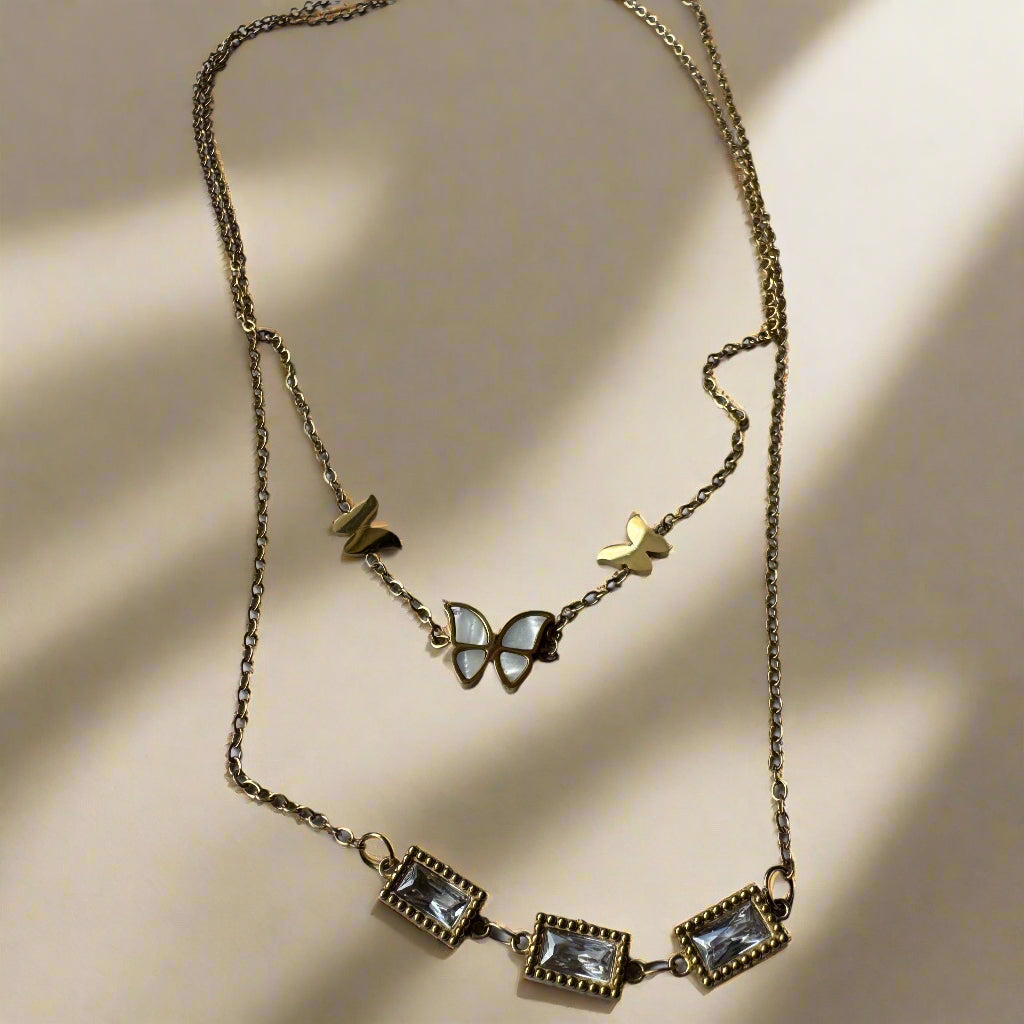 Double Layered Studded Butterfly Necklace