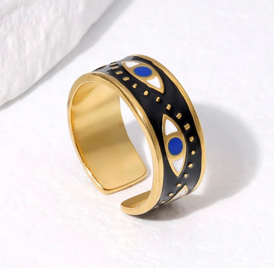 Evil Eye Stainless Steel Adjustable Ring