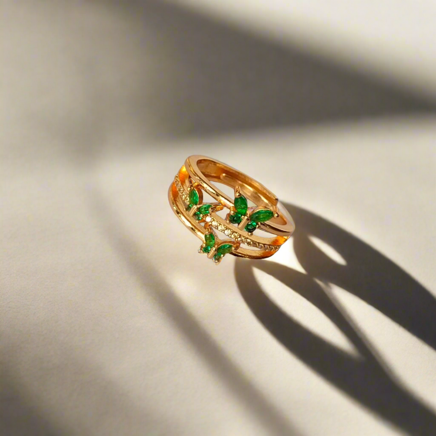 Emerald Studded Butterfly Gold Ring