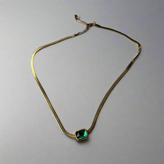 Emerald Stud Gold Snake Chain Necklace