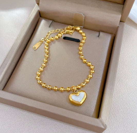 Cute Golden Beads Heart Charm Chain Bracelet